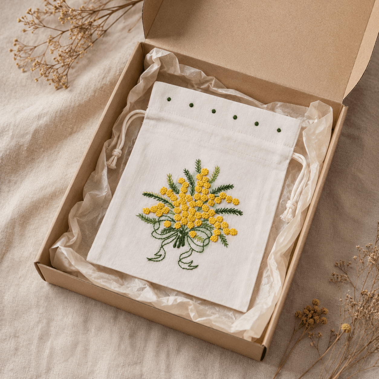 MIMÓZA - Kézzel hímzett zsinóros vászontasak 15x20 cm - Greens Of Daisy